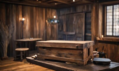 Rustic Wooden Workshop Interior: A captivating image of a rustic wooden workshop, featuring a large wooden chest as the centerpiece, surrounded by antique tools and wooden furniture.