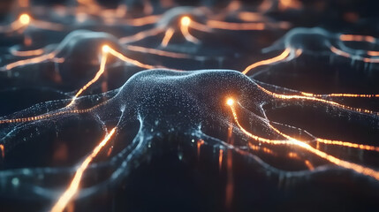 Poster - Abstract representation of interconnected glowing neural networks with flowing light patterns and a mysterious dark background