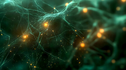 Poster - Detailed Abstract Representation of Neurons and Synapses with Glowing Connections in a Deep Green Background