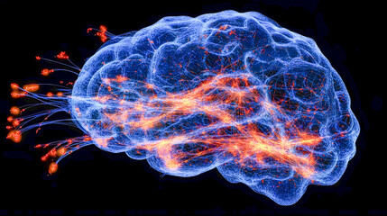 Poster - Abstract digital brain illustration with glowing connections symbolizing neural networks and cognitive processes against a dark background