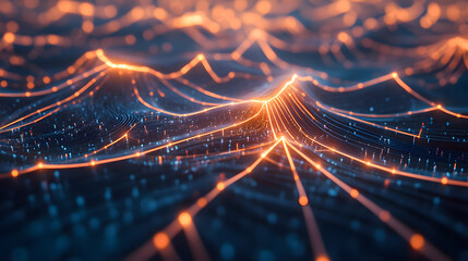 Poster - Abstract glowing lines in a digital ocean of waves, representing data flow and connections in a futuristic technology landscape