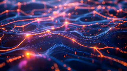 Poster - Abstract Digital Background with Colorful Light Trails and Glowing Particles in a Beautiful Wavy Pattern Representing Technology and Innovation