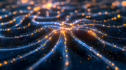 Poster - Abstract digital background with glowing particles in waves of light creating a mesmerizing visual experience in dark tones