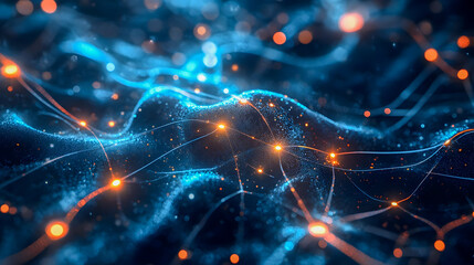 Poster - Abstract blue and orange flowing waves with glowing particles representing digital network connection and data flow in a futuristic setting