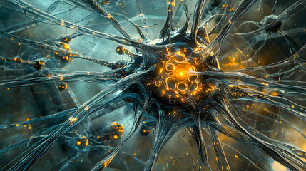 Poster - Abstract digital rendering of a complex neural network with glowing connections and intricate structures in a futuristic setting