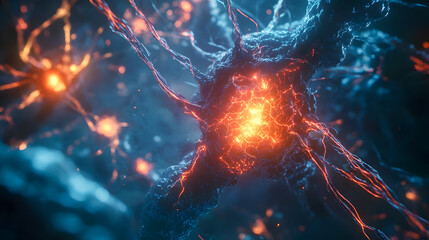 Poster - Stunning Close-Up of Interconnected Neurons with Bright Sparks of Electricity in Blue and Orange Color Palette for Science and Technology Themes