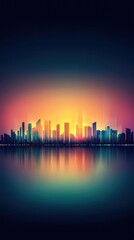 Poster - Futuristic cityscape under dark sky with holographic buildings and vibrant reflections in the water