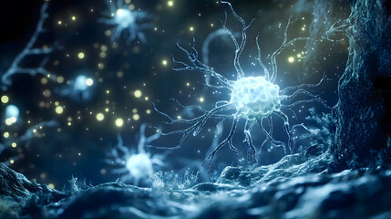 Poster - Intricate Microscopic View of Glowing Cells in a Mysterious Biological Environment Surrounded by Ethereal Light and Organic Structures
