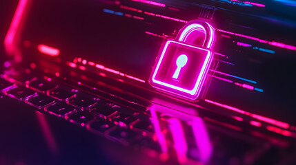 Poster - Neon Padlock Symbol Over Keyboard with Digital Effects Representing Cyber Security and Data Protection Concepts in Technology World