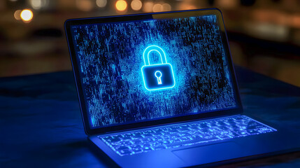 Poster - Futuristic Laptop Displaying Digital Lock Symbol Representing Cybersecurity and Data Protection Concepts in a Modern Workspace