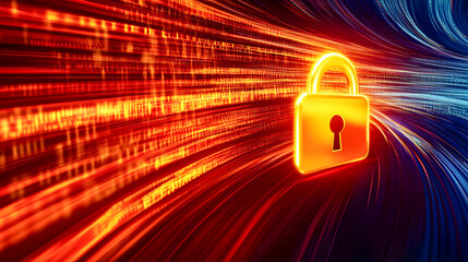Poster - Vibrant Digital Lock Representing Data Security and Protection Against Cyber Threats in a Futuristic Background with Blurred Lines