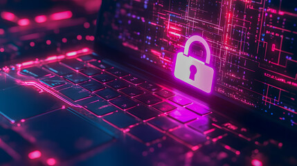 Poster - Digital Security Concept with Lock Icon on Laptop Keyboard and Abstract Data Background in Neon Colors