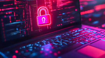 Poster - Digital Security Concept with Laptop Displaying Neon Lock Symbol Over a Matrix of Data for Cyber Protection and Online Safety Themes