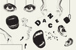 © alexdndz - Trendy vintage collage conception with symbols set. Halftone collection with dance text, eyes, hands, open female mouth singing, ears listening music sound in retro pop art style. Vector illustration.