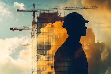 Poster - Silhouette of a Construction Worker Overlooking a Modern Cityscape Under Construction with Dramatic Clouds and Cranes in the Background