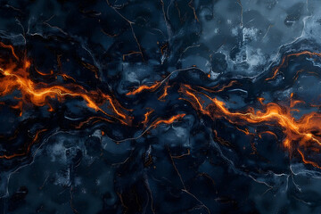 Wall Mural - an abstract marble background in deep blue and black tones, contrasted by bright orange flames, evok