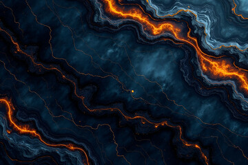 Wall Mural - an abstract marble background in deep blue and black tones, contrasted by bright orange flames, evok