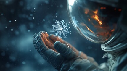 Poster - astronaut in outer space and emptiness catches a snowflake. Concept of discoveries and unusual experiences.