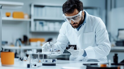 Poster - researcher conducts experiments in a modern laboratory focusing on innovative technology and materia