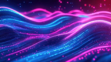 Fototapete - Vibrant abstract waves of blue and pink light create a mesmerizing digital landscape.