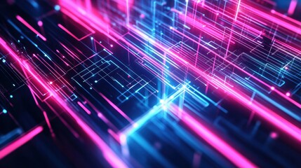 Fototapete - Vibrant abstract digital lines in blue and pink hues creating a futuristic atmosphere.