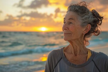 Wall Mural - Portrait of a content woman in her 80s sporting a long-sleeved thermal undershirt in beautiful beach sunset