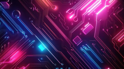 Poster - Abstract close-up of colorful circuit board with vibrant neon lights in pink, purple, and blue hues.