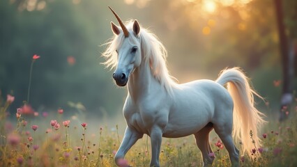 Wall Mural - A white unicorn standing in a field of flowers