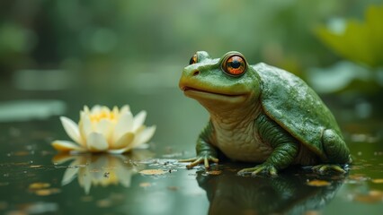 Sticker - A green frog sitting on top of a pond next to a white flower