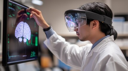 Poster - Researcher analyzes brain scans using augmented reality technology in a laboratory setting at a university