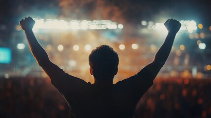 Poster - The atmosphere is electric as a concert enthusiast stands in a crowd, raising their fists in excitement. Bright lights illuminate the night, creating a lively backdrop at the music festival.
