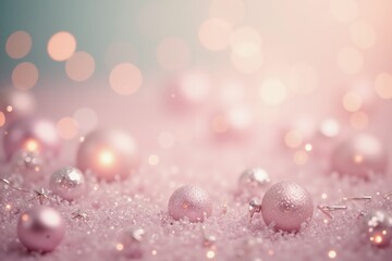 Wall Mural - festive pink christmas ornaments on sparkling surface with soft bokeh background.
