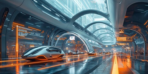 Wall Mural - Futuristic airport terminal featuring flying cars, holographic signs, sleek architecture, advanced technology, vibrant atmosphere