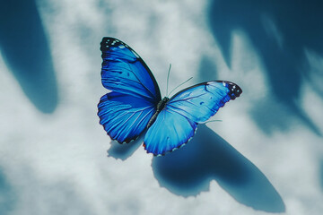 Wall Mural - a bright blue butterfly with shadow on white background