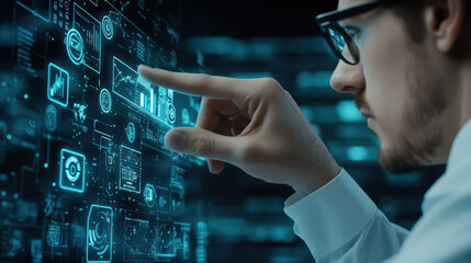 Poster - man interacting with digital interface, analyzing data and graphs. futuristic environment showcases technology and innovation, highlighting importance of data visualization