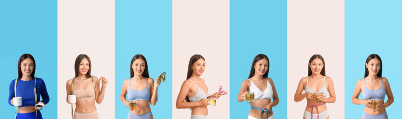 Poster - Set of beautiful young Asian woman with measuring tape and cup of tea for weight loss on color background