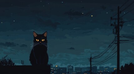 Poster - Whimsical pixel art cat with contrasting eyes, glowing urban lights under a serene night sky
