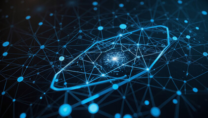 Poster - Network of glowing connections illustrates the beauty of digital data flows in a dark space