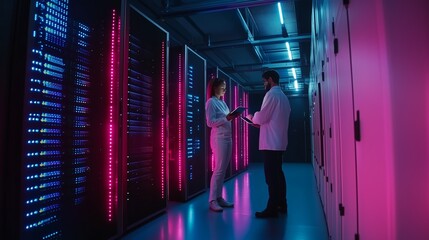 Poster - Engineers collaborate in a high-tech server room with vibrant lighting during a project review meeting