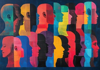 Poster - Vibrant Abstract Representation of Human Faces in Colorful Silhouettes Showcasing Diversity and Artistic Expression in a Dynamic Modern Artwork