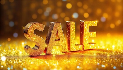 Poster - Golden glittery background with the word SALE in 3D text, sale tag, sale banner, poster, advertisement, Sale icon, Design for decorating, wallpaper, and christmas sale, created with generative ai