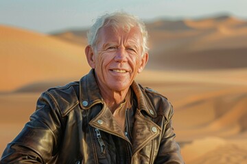 Canvas Print - Portrait of a grinning caucasian man in his 60s sporting a classic leather jacket in backdrop of desert dunes