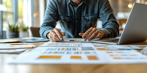 Poster - Focused professional analyzing data and preparing reports at a modern workspace