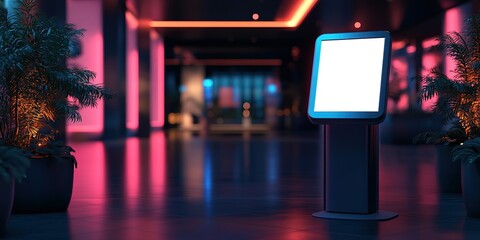 Poster - Elevated modern lounge with illuminated digital display and stylish plants in contemporary decor at nighttime
