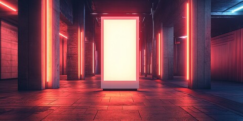 Poster - Neon-lit urban space featuring a blank display in a modern environment during nighttime