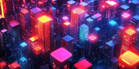 Poster - Vibrant cityscape at night showcasing illuminated skyscrapers and geometric patterns in a digital landscape