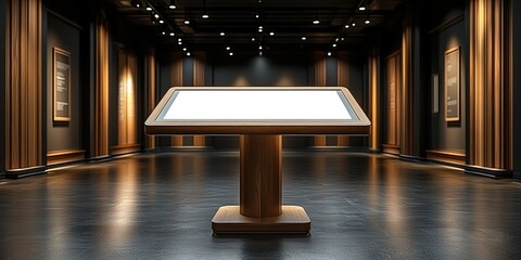 Poster - Digital display stand in an empty modern art gallery with wooden accents and warm lighting