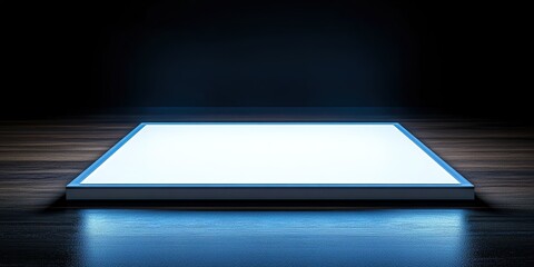 Poster - bright light emanates from a sleek rectangular platform in a dark room setting at night