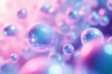 Poster - Abstract background with pastel neon blue and pink spheres, geometric shapes.