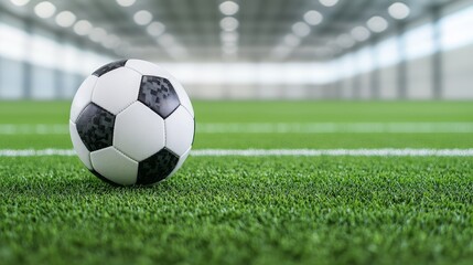 Wall Mural - Soccer ball on green artificial turf field in indoor stadium.